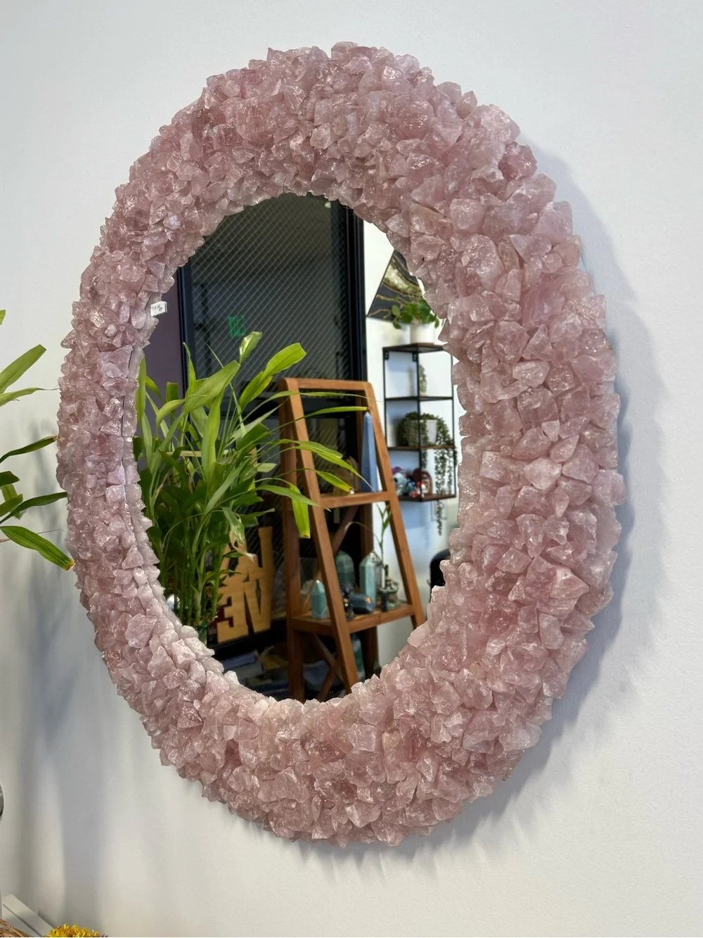 Rose Quartz Crystal Round Wall Mirror - Pink Decorative Mirror